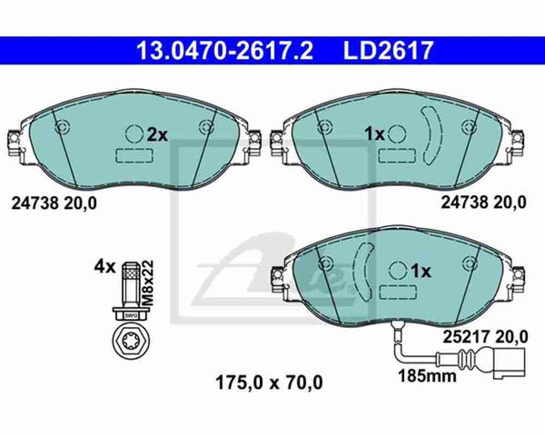 Klocki hamulcowe Ceramic Przód AUDI A3 13- ATE 13.0470-2617.2 | Części samochodowe VAGPARTS.PL